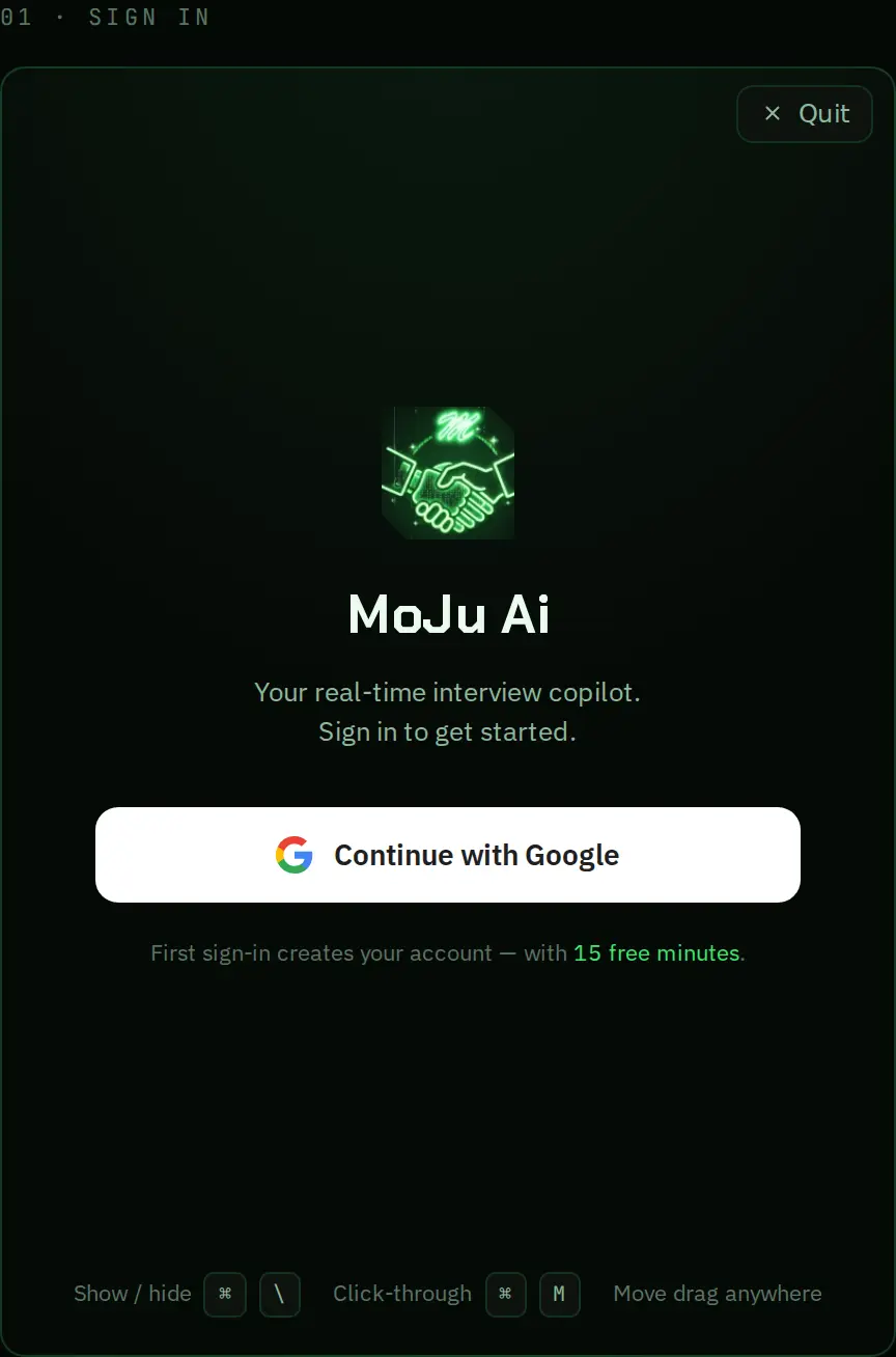 MoJu Ai sign-in screen — Continue with Google, first sign-in includes 15 free minutes