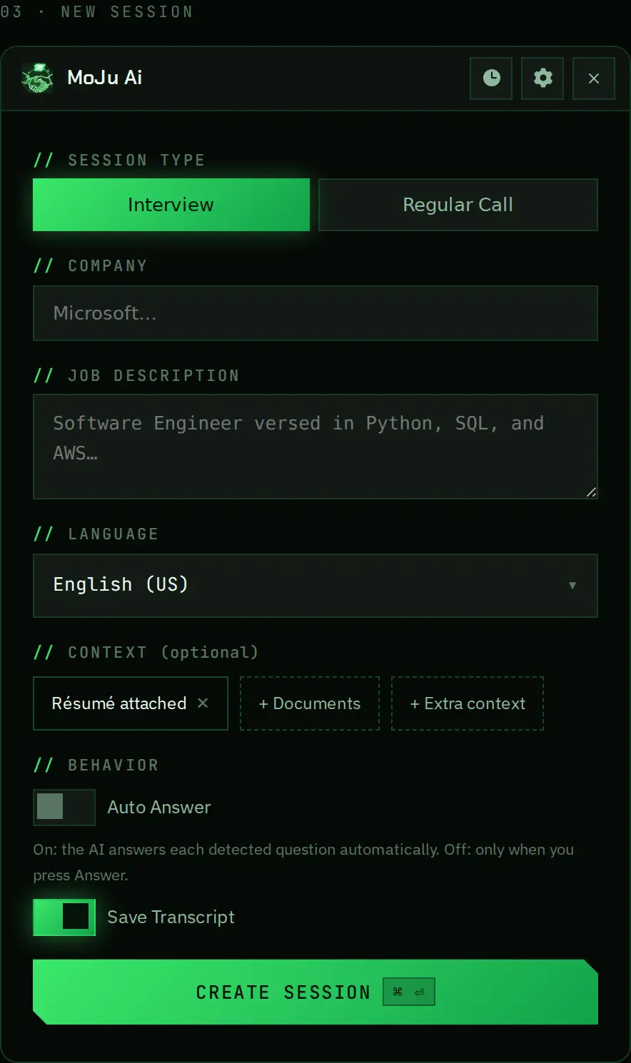 MoJu Ai new session setup — session type, company, job description, language and context