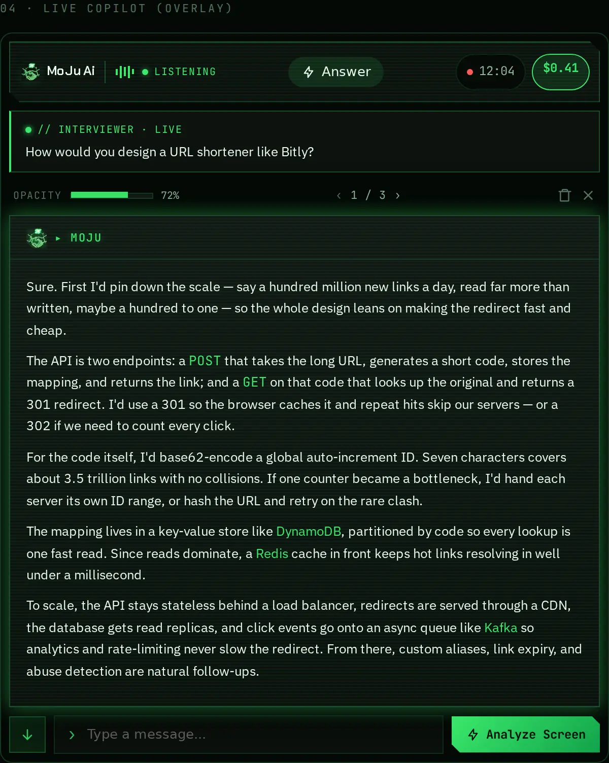 MoJu Ai live copilot overlay — the interviewer's question transcribed with the AI's answer beneath it